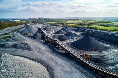 Aerial view of a coal mining site with equipment and stockpiles against a scenic landscape photo