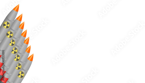 Combat rockets with atomic weapons symbols are shown in a row. Isolated illustration on white background.as a background for boards,industry,news