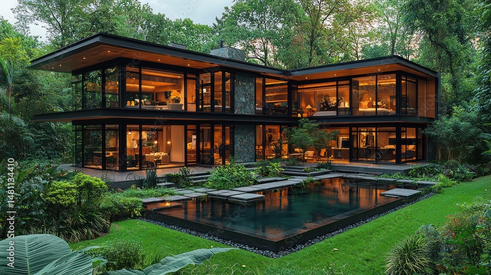 Obraz premium Modern house nestled in lush greenery, featuring a contemporary design and a tranquil pool