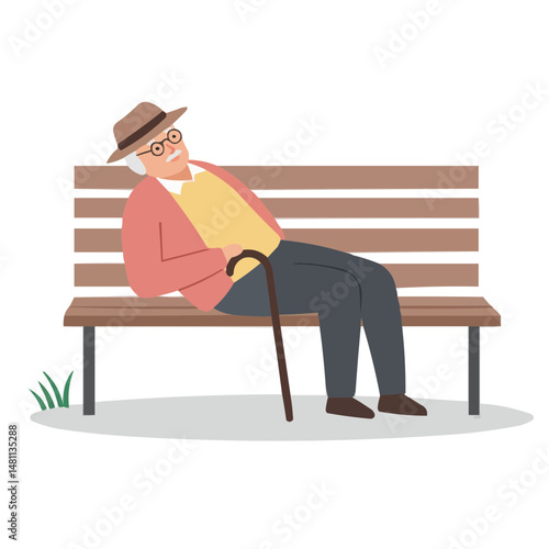 Elderly man resting on bench - tired senior man taking break on park bench, sunset light illuminating his wrinkled face, atmosphere of peace and tranquility.