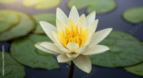 Wallpaper Mural White lotus blossom representing purity and serenity, with water droplets and lily pads Torontodigital.ca