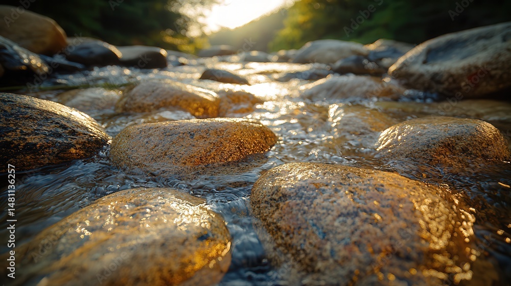 Fototapeta premium Creekbed stones with sparkling water movement between smooth golden-brown river rocks, forest-filtered sunlight creating natural texture pattern perfect for nature-inspired design backgrounds