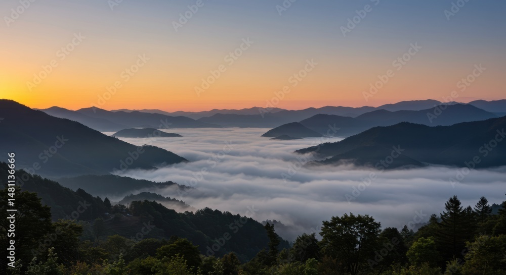 Fototapeta premium Mountain range at sunrise representing serenity and natural beauty, with foggy valley