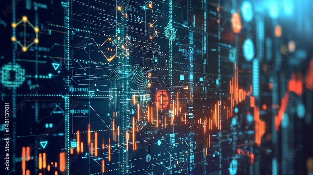 Stock photo concept: Digital blockchain inspired futuristic background, interconnected cryptographic nodes with artificial intelligence analysis visuals Stock photo concept: Digital blockchain inspired futuristic background, interconnected cryptographic nodes with artificial intelligence analysis visuals
