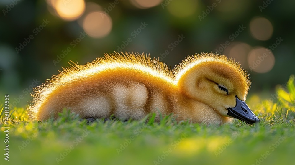 Obraz premium Golden duckling sleeps peacefully in grass