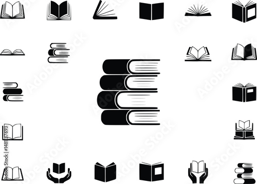 Reading Education Library Knowledge  Book Symbols for Information Icons Simple Clean Set