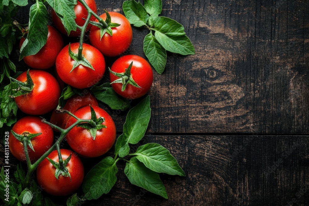 Fresh tomatoes with leaves on dark wood Fresh tomatoes with leaves on dark wood