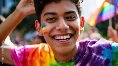 Celebrating Pride Joyfully Young Man with Rainbow Face Paint