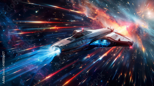 Fototapeta Naklejka Na Ścianę i Meble -  Futuristic Spaceship Traveling at Lightspeed Through Galaxy

