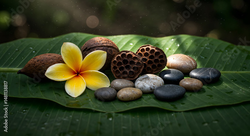 Serene Spa Still Life: Plumeria Blossom, Stones, and Dried Lotus Pods on a Lush Banana Leaf