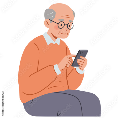 Elderly man using smartphone - experienced senior man with glasses intently using mobile phone, modern technology in hands of older generation.