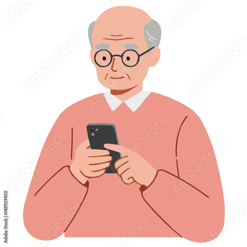 Elderly man using smartphone - experienced senior man with glasses intently using mobile phone, modern technology in hands of older generation.