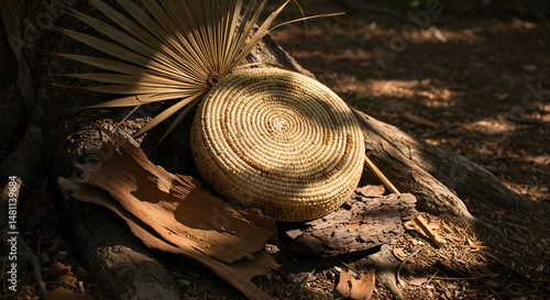 Artisan Woven Basket in Sun-Dappled Forest Setting