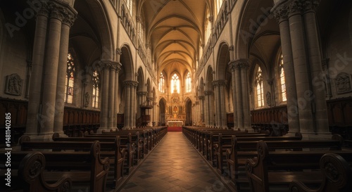Church interior representing faith and spirituality with rows of pews and stained glass windows