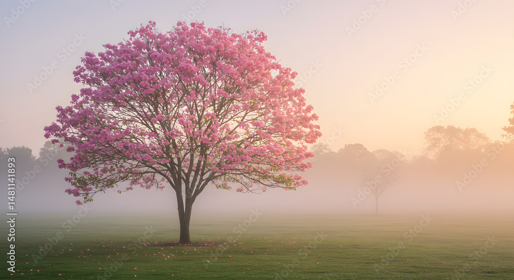 Beautiful Ipê tree on a lawn with fog at sunset. Beautiful Ipê tree on a lawn with fog at sunset.