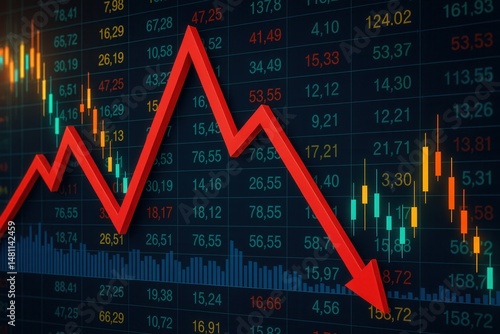Red arrow pointing down on stock market chart, representing falling stock prices