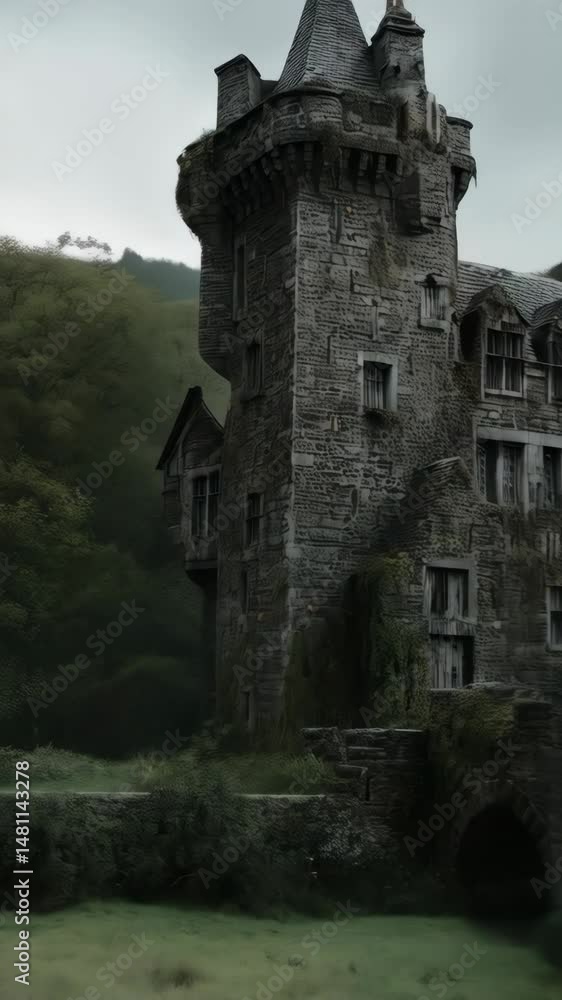 Gothic style castle with towers and stone bridge in misty landscape setting, overgrown with foliage, creating a mysterious ancient fortress. Gothic style castle with towers and stone bridge in misty landscape setting, overgrown with foliage, creating a mysterious ancient fortress.