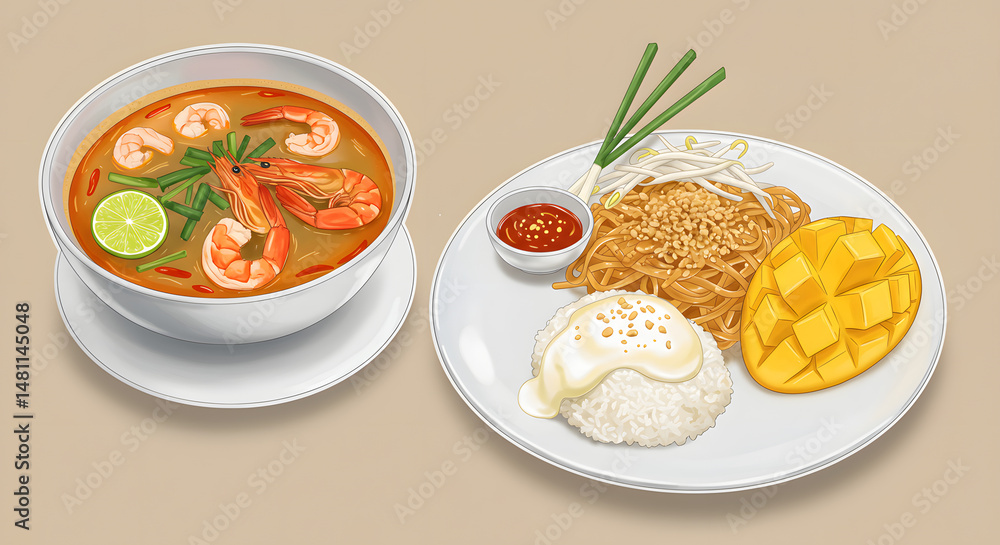 Aromatic tom yum soup with plump shrimp, paired with pad thai noodles topped with crushed peanuts. Fresh mango sticky rice with coconut cream makes the perfect sweet ending Aromatic tom yum soup with plump shrimp, paired with pad thai noodles topped with crushed peanuts. Fresh mango sticky rice with coconut cream makes the perfect sweet ending