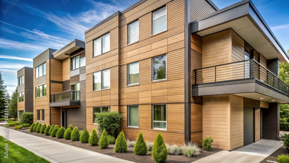 Modern Architectural Design Featuring Light Brown Wood Siding and Dark Gray Accents on Multi-Unit Residential Building with Landscaping Modern Architectural Design Featuring Light Brown Wood Siding and Dark Gray Accents on Multi-Unit Residential Building with Landscaping