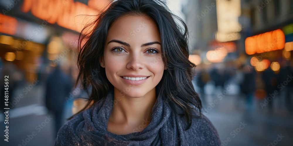 Fototapeta premium A woman with long hair is smiling in front of a sign that says 
