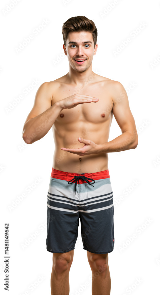 Young adult Caucasian man, shirtless in colorful striped swim trunks, stands against a transparent background, gesturing with his hands as if measuring something, looking surprised and excited. Young adult Caucasian man, shirtless in colorful striped swim trunks, stands against a transparent background, gesturing with his hands as if measuring something, looking surprised and excited.