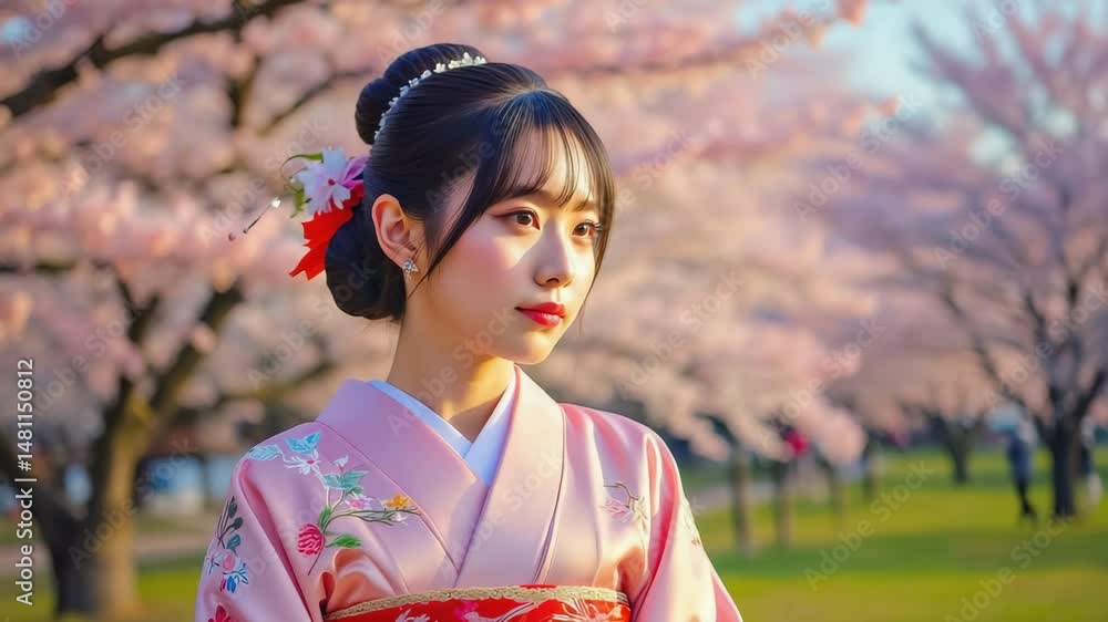A woman adorned in a traditional outfit poses gracefully beneath blooming cherry blossom trees, a scene of tranquility and cultural beauty. A woman adorned in a traditional outfit poses gracefully beneath blooming cherry blossom trees, a scene of tranquility and cultural beauty.