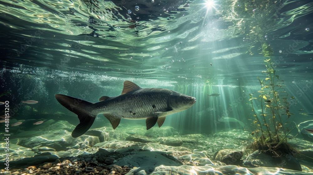 Fototapeta premium Sunlit river view features a giant catfish, dappled patterns, plants, rocky bed, small fish, and bubbles.