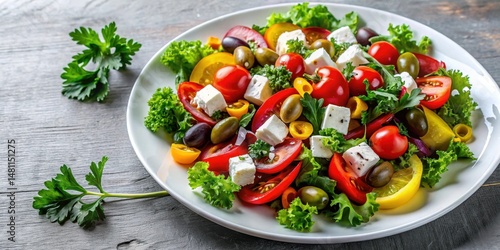 A vibrant and refreshing salad featuring a medley of colorful vegetables and creamy cheese cubes, served on a pristine white plate.
