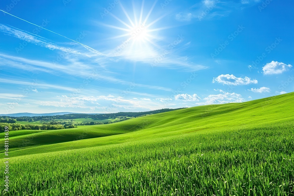 Fototapeta premium Lush Green Hills Under a Bright Sun with Clear Blue Sky and Wispy Clouds in Background