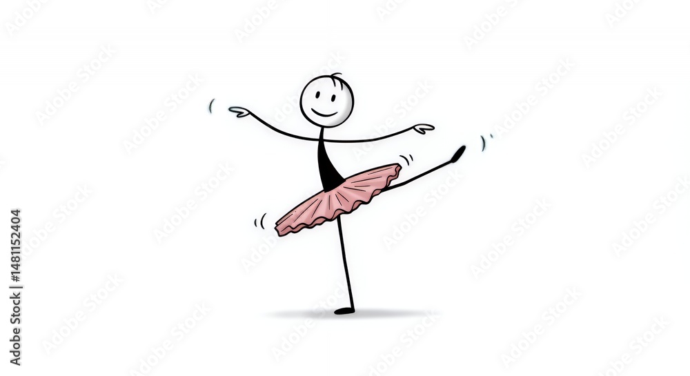 Fototapeta premium Stickman Ballet Dancer in Pink Tutu Performing Pirouette on White Background Depicting Grace Elegance and Poise in Minimalist Style Ideal for Dance Art and Graphic Design