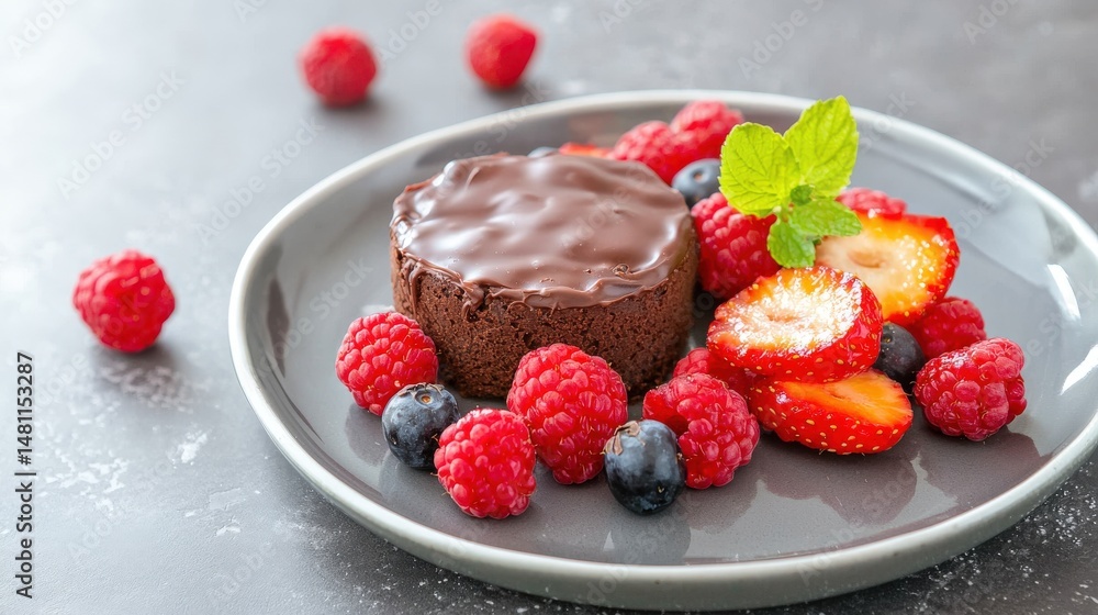 Chocolate Dessert with Fresh Berries and Mint on a Gray Plate Chocolate Dessert with Fresh Berries and Mint on a Gray Plate