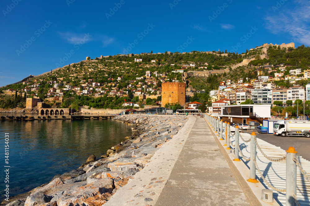 Mediterranean coast of Alanya, Antalya Province, Turkey. View of Red Tower and Tersane dockyard.