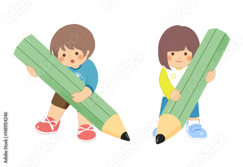 鉛筆を持つ男の子と女の子