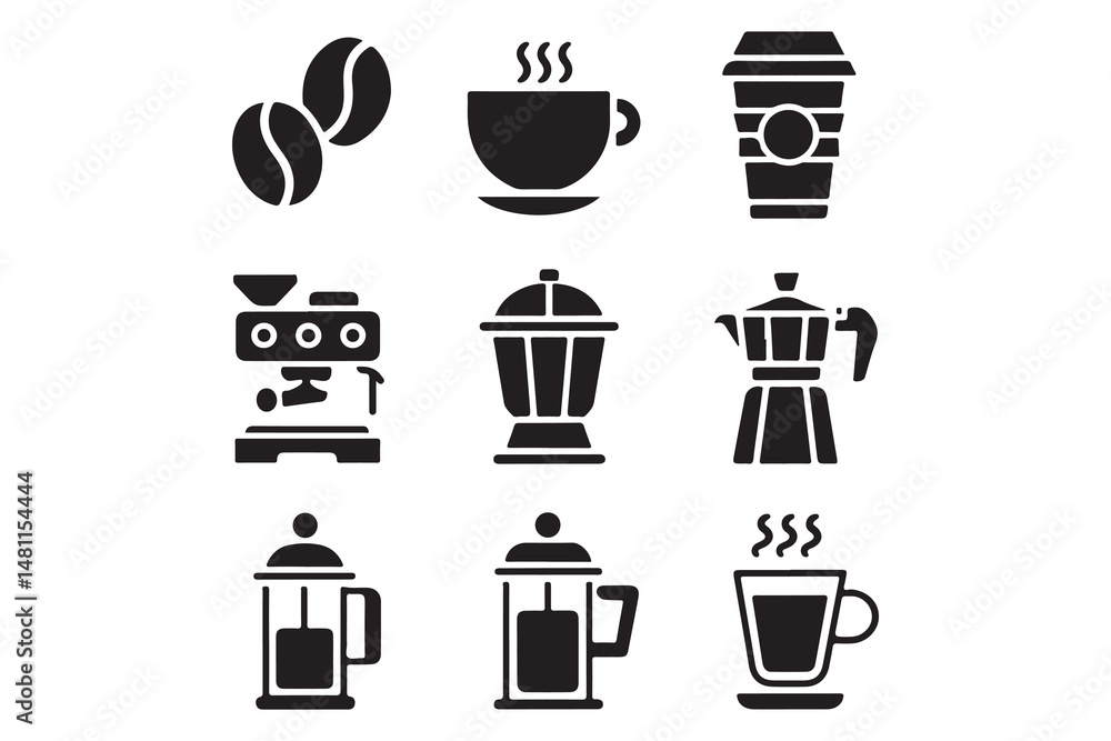 Black vector icon set of coffee and drink symbols for cafe and restaurant design