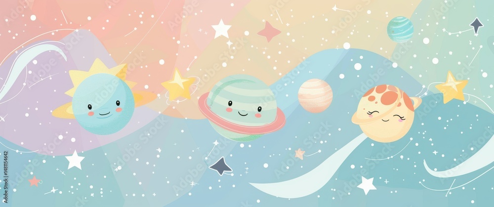Happy planet characters float amidst minimal star patterns and simple cosmic elements in a soft pastel galaxy. Happy planet characters float amidst minimal star patterns and simple cosmic elements in a soft pastel galaxy.