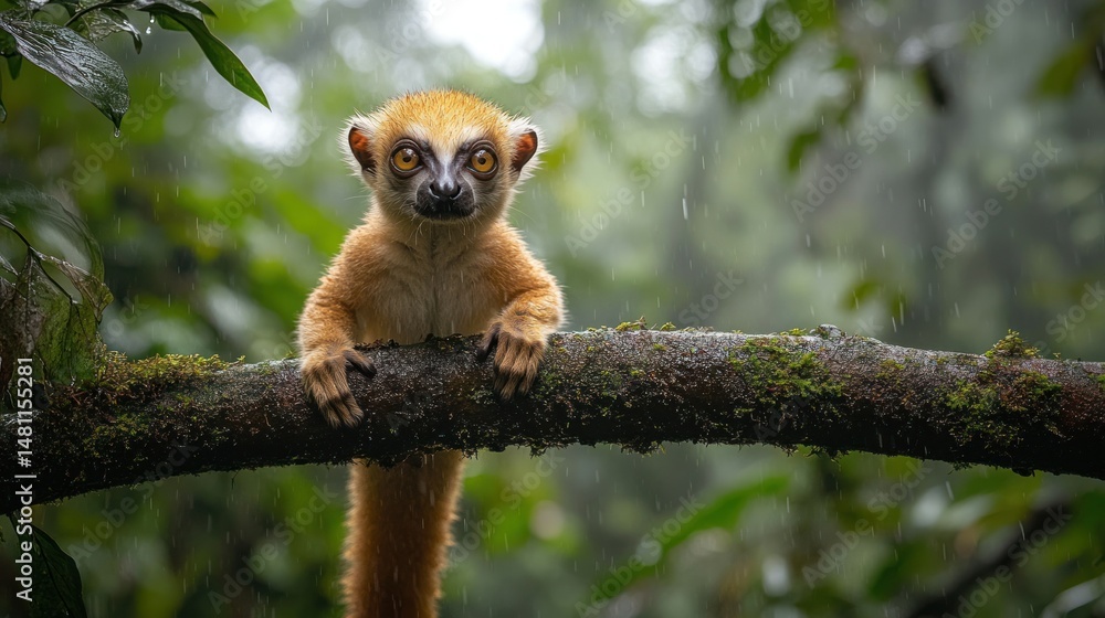 Fototapeta premium Jungle lemur on branch, curious look