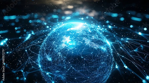 Stock photo concept: Futuristic global cyberspace, a glowing blue digital earth surrounded by interconnected ai driven data streams and smart networks