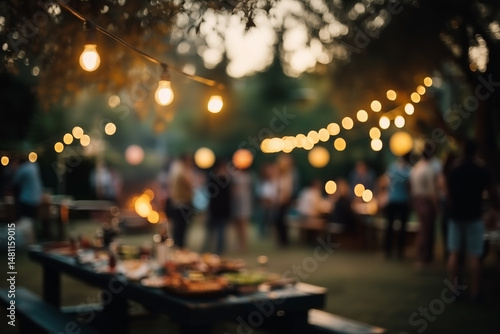 Blurred summer backyard BBQ party with string lights and food table, evening garden celebration scene, ideal for festive lifestyle visuals
