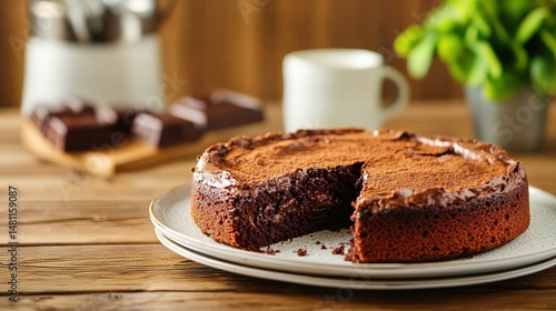 Decadent Chocolate Cake with Slices on a Rustic Wooden Table