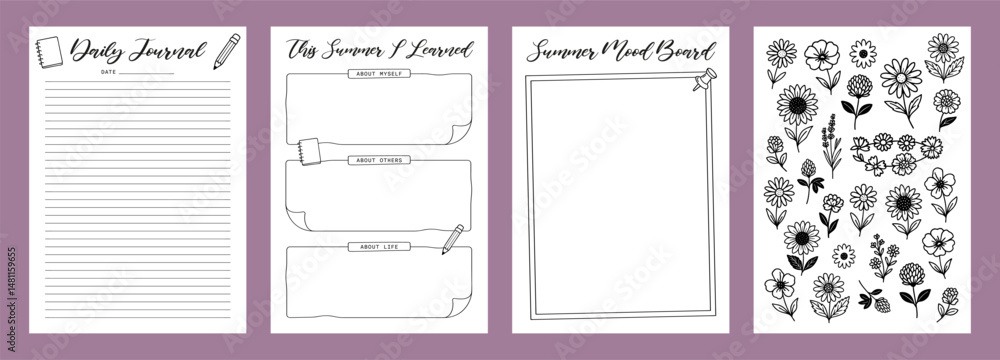 Fototapeta premium Set Summer Journal Printable Planner Page Template, Vector Illustration, A4 and A5 Sizes, Hand Drawn Doodle Style. Planner pages bullet journal A5 A4 format