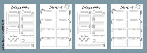 Week and daily plan Set Summer Journal Printable Planner Page Template, Vector Illustration, A4 and A5 Sizes, Hand Drawn Doodle Style. Planner pages bullet journal A5 A4 format