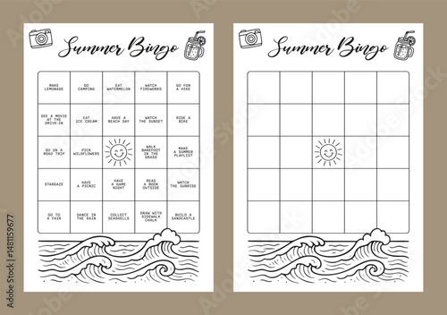Bingo Set Summer Journal Printable Planner Page Template, Vector Illustration, A4 and A5 Sizes, Hand Drawn Doodle Style. Planner pages bullet journal A5 A4 format