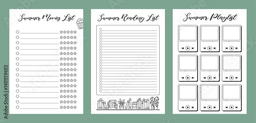 Movies, Reading, Playlist Set Summer Journal Printable Planner Page Template, Vector Illustration, A4 and A5 Sizes, Hand Drawn Doodle Style. Planner pages bullet journal A5 A4 format