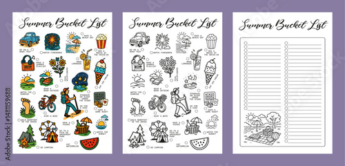 Summer bucket list Set Summer Journal Printable Planner Page Template, Vector Illustration, A4 and A5 Sizes, Hand Drawn Doodle Style. Planner pages bullet journal A5 A4 format