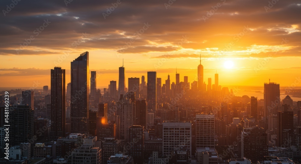 Fototapeta premium Cityscape at sunset representing urban life and opportunity, featuring silhouetted skyscrapers and golden light