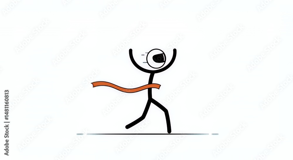 Fototapeta premium Stickman Race Car Driver Crossing the Finish Line Triumphantly Showcasing Determination on Clean White Background