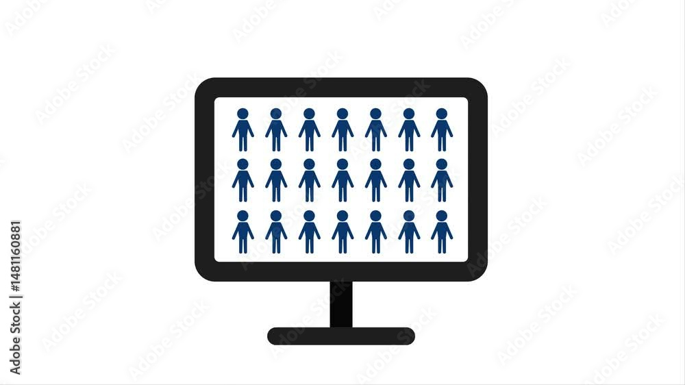 Animation of a computer monitor displaying increasing people icons, with green screen background for compositing.