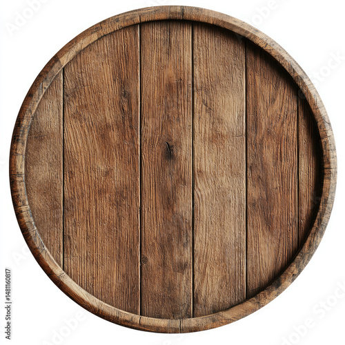 Overhead shot of a round, weathered wooden barrel end with vertical slats