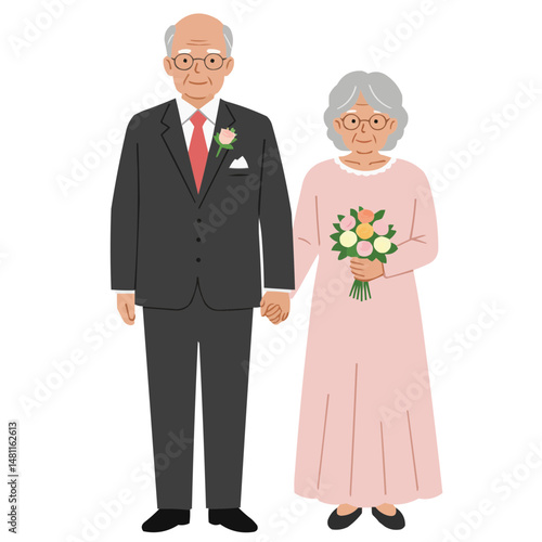 Elderly couple at wedding - седая пара в элегантных свадебных нарядах нежно держится за руки, их мудрые глаза сияют счастьем и любовью, прошедшей испытание временем.