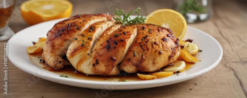 Crispy roasted chicken breast, zesty citrus marinade, white plate , photography, gourmet